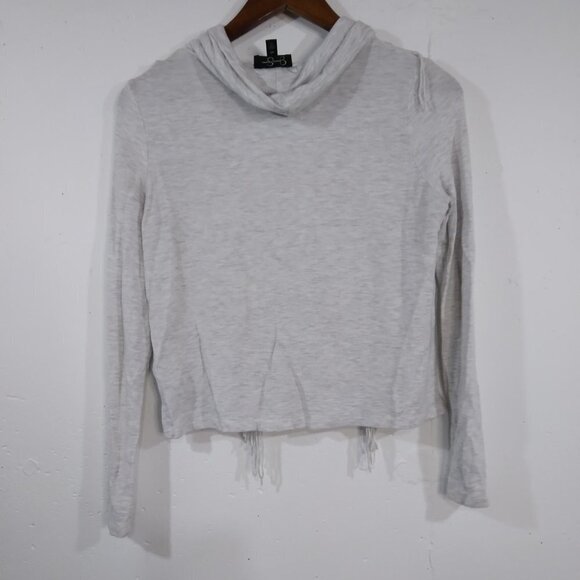 Jessica Simpson Gray Fringe Crop Top Turtle Neck XS Long Sleeve Women Blouse - Picture 5 of 10